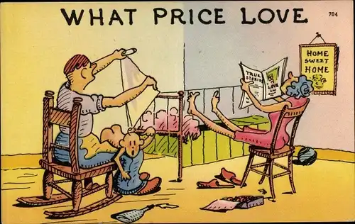 Ak Ehepaar mit Kind, What price love, Windelwechsel, Kinderbett