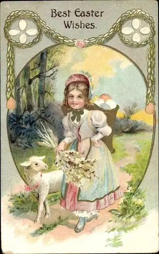 Präge Litho Glückwunsch Ostern, Mädchen mit Rückentrage, Eier, Lamm