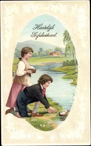 Präge Litho Glückwunsch Ostern, Kinder mit Eiern am Flussufer