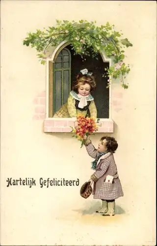 Präge Ak Glückwunsch Geburtstag, Mädchen mit Blumen am Fenster