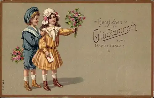 Präge Litho Namenstag, Junge und Mädchen mit Blumenstrauß