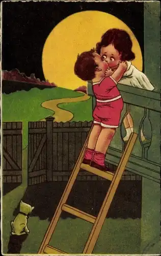 Künstler Ak Junge auf Leiter küsst Mädchen auf dem Balkon