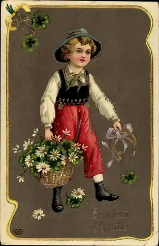 Präge Litho Souvenir d'Amitie, Junge mit Hufeisen und Kleeblättern