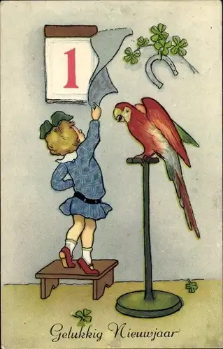 Ak Glückwunsch Neujahr, Mädchen, Kalender, Papagei, Hufeisen, Kleeblätter