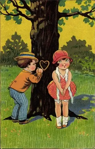 Künstler Ak Junge schnitzt Herz in einen Baum