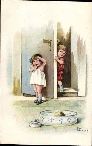 Künstler Ak Frank, Elly, Junge und Mädchen an der Tür, Waschschüssel