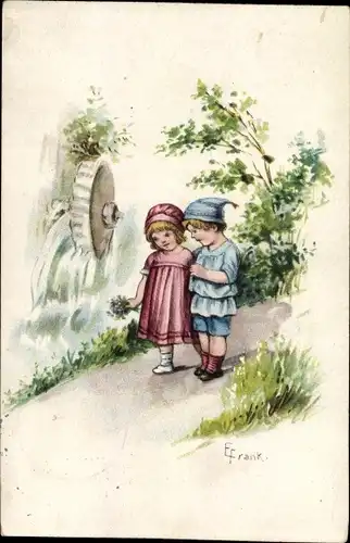 Künstler Ak Frank, Elly, Junge und Mädchen an einer Wassermühle