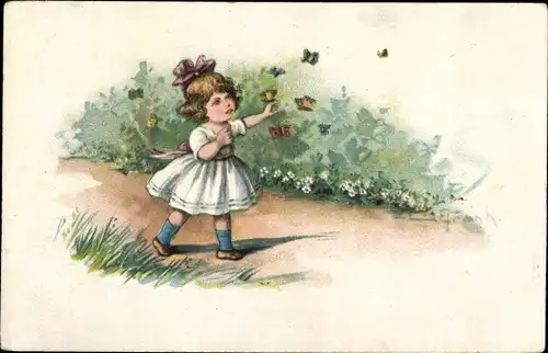 Künstler Ak Frank, Elly, Mädchen umgeben von Schmetterlingen