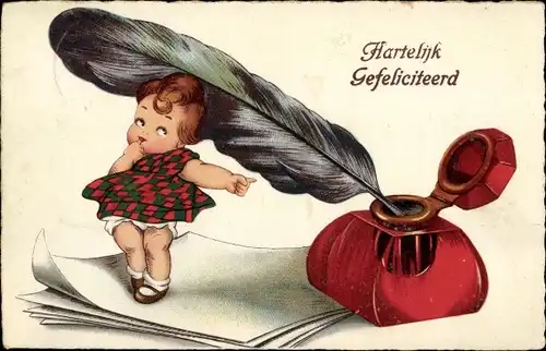 Ak Glückwunsch Geburtstag, Mädchen, Briefpapier, Schreibfeder, Tintenfass