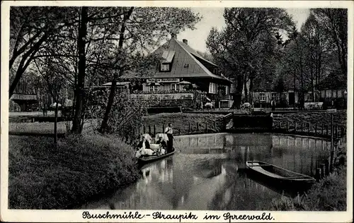 Ak Straupitz im Kreis Dahme Spreewald, Kahn, Gasthaus Buschmühle, Frauen in Trachten