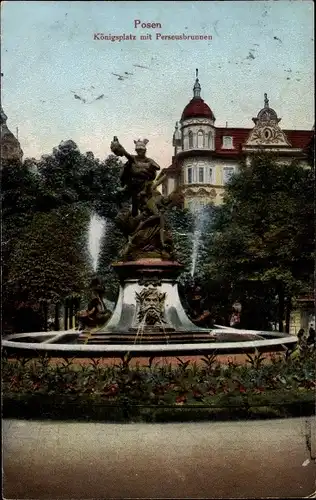 Ak Poznań Posen, Partie am Königsplatz mit Perseusbrunnen