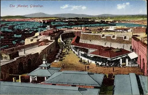 Ak Gibraltar, The Market, Blick auf den Markt und den Ort, Hafen