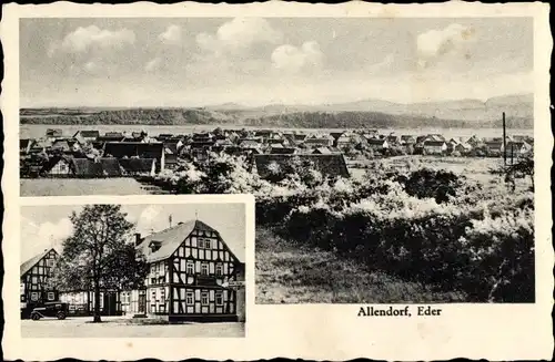 Ak Allendorf Eder Hessen, Blick auf Ortschaft und Umgebung, Gasthaus zum Edertal, Bes. Krümmelbein