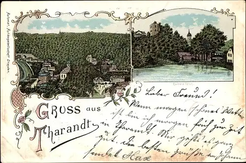 Litho Tharandt im Erzgebirge, Teilansicht der Stadt, Ruine und Teich