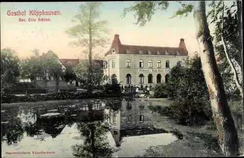 Künstler Ak Wilsdruff in Sachsen, Gasthof Klipphausen mit Teich, Besitzer Otto Schöne