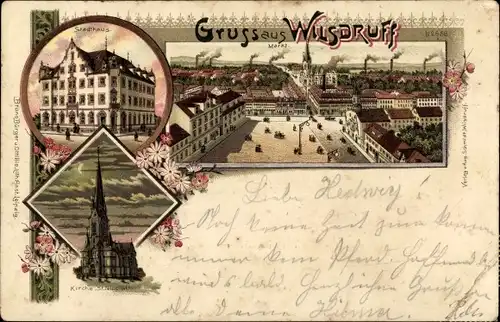 Litho Wilsdruff in Sachsen, Ansicht mit Markt, Stadthaus, St. Nicolai-Kirche