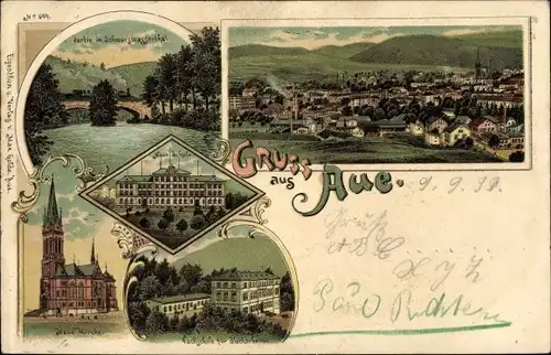 Litho Aue im Erzgebirge Sachsen, Neue Schule, Neue Kirche, Fachschule für Blecharbeiten