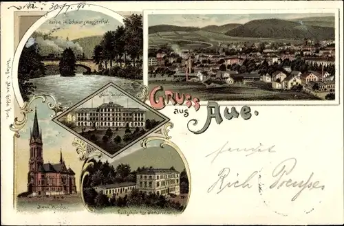 Litho Aue im Erzgebirge Sachsen, Neue Schule, Neue Kirche, Fachschule für Blecharbeiten