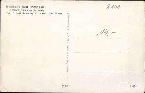 Ak Schönborn Radeberg in Sachsen, verschiedene Ansichten, Kriegerdenkmal, Gasthaus zum Grenadier