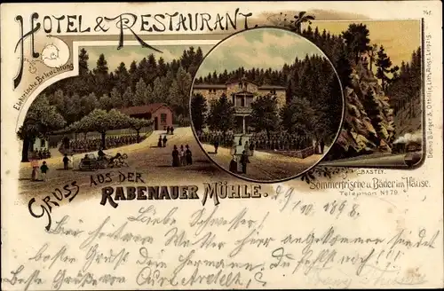 Litho Rabenau im Erzgebirge, Mühle, Bastei, Dampflok, Panorama vom Ort