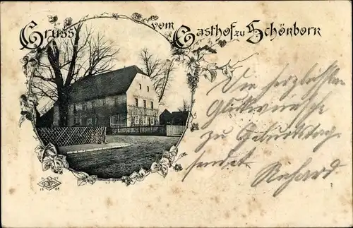 Passepartout Ak Dresden Langebrück Schönborn, Straßenpartie mit Gasthof zu Schönborn