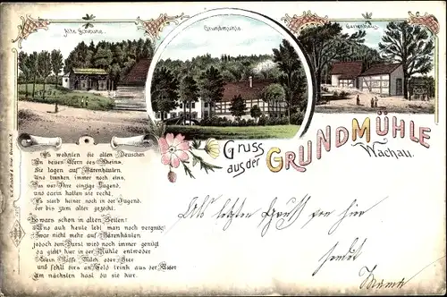 Litho Wachau Sachsen, Gruß aus der Grundmühle, Alte Scheune, Gartenhaus