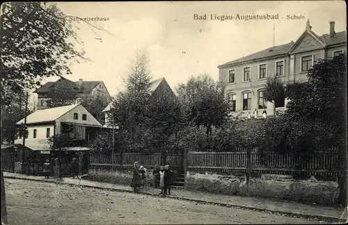 Ak Bad Liegau Augustusbad Radeberg, Ansicht der Schule, Schweizerhaus