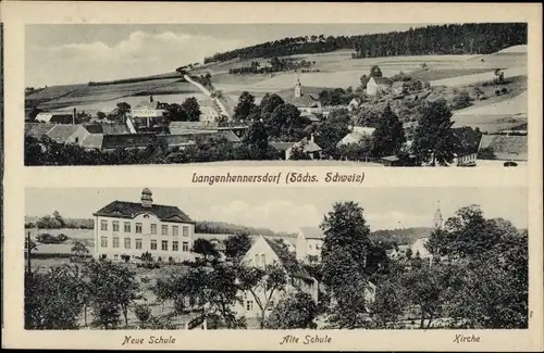 Ak Langenhennersdorf Bad Gottleuba Berggießhübel in Sachsen, Neue und alte Schule, Kirche, Totale