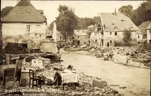 Foto Ak Bad Gottleuba Berggießhübel in Sachsen, Hochwasser 8.7.1927, zerstörte Häuser, Ruinen