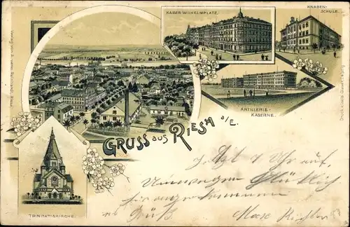 Litho Riesa an der Elbe, Trinitatiskirche, Kaiser Wilhelm Platz, Knabenschule, Artilleriekaserne