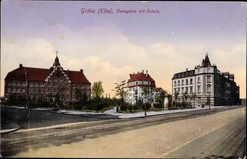 Ak Gröba Riesa an der Elbe Sachen, Georgplatz mit Schule