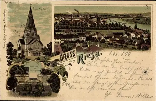 Litho Riesa an der Elbe Sachsen, Kirche, Stadtpark, Panorama