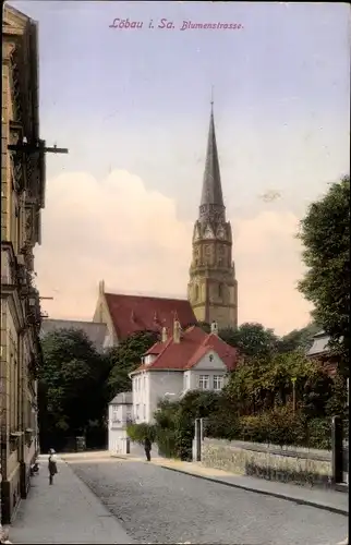 Ak Löbau Sachsen, Kirche von der Blumenstraße gesehen
