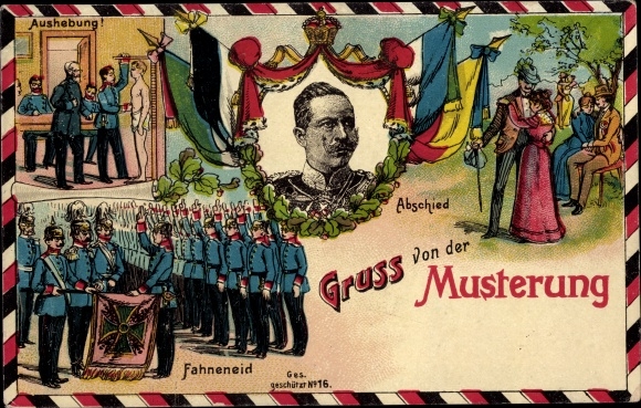 Litho Musterung, Porträt Kaiser Wilhelm II., Aushebung, Fahneneid ...