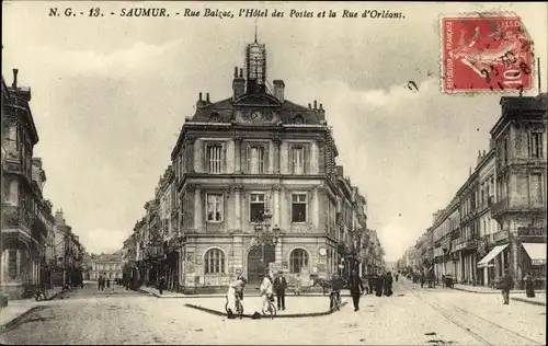 Ak Saumur Maine et Loire, Rue Balzac, L'Hotel des Postes et la Rue d'Orleans