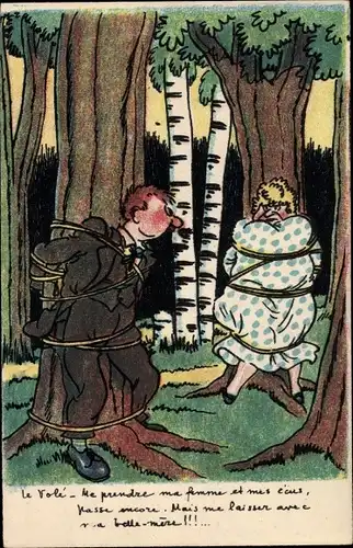 Ak Junger Mann und seine Frau an Bäume gebunden, Wald