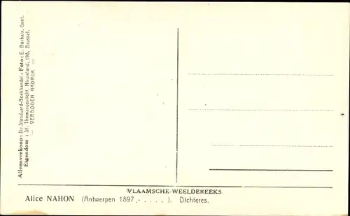 Ak Dichterin Alice Nahon, Portrait, Vlaamse Weeldereeks