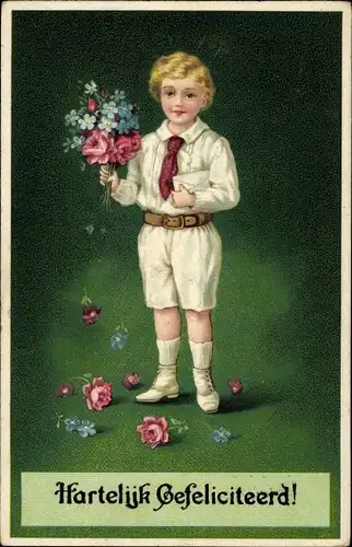 Präge Ak Glückwunsch Geburtstag, Junge mit Blumen, Rosen, Vergissmeinnicht