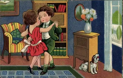 Künstler Ak Tanzendes Paar im Wohnzimmer