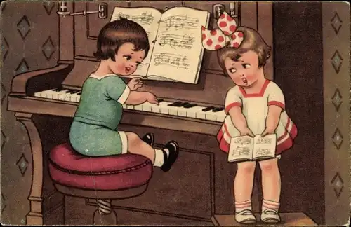 Künstler Ak Junge am Klavier, singendes Mädchen
