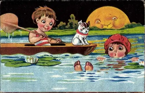 Ak Junge im Paddelboot, schwimmendes Mädchen, Mondschein, Hund