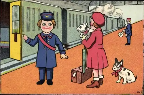 Künstler Ak Frau mit Hunden und Gepäck auf dem Bahnsteig, Schaffner, Eisenbahn