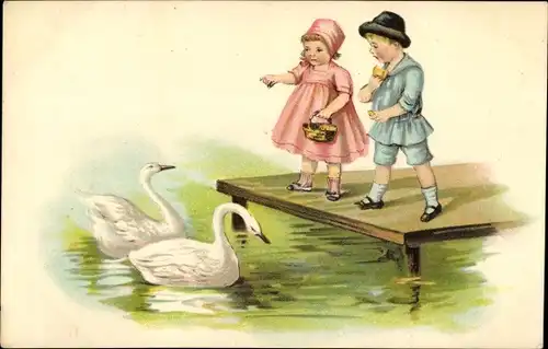 Künstler Ak Junge und Mädchen füttern Schwäne