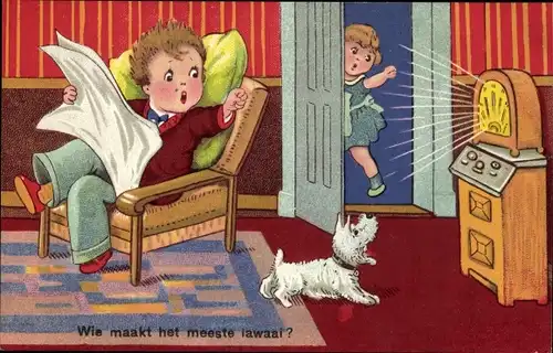 Künstler Ak Wie maakt het meeste lawaal, Terrier bellt Radio an