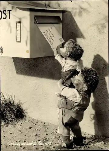 Ak Wann schreibst Du mir, Mecki der Igel mit Igelkind, Briefkasten