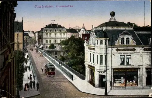 Ak Saarbrücken im Saarland, Blick auf die Luisenbrücke, Geschäft Leonhard Bauer