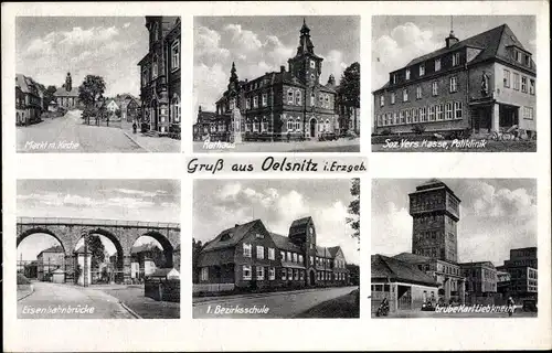 Ak Oelsnitz im Erzgebirge, Markt, Kirche, Rathaus, Poliklinik, Grube Karl Liebknecht, Bezirksschule