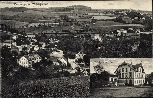 Ak Zschopenthal Waldkirchen Grünhainichen im Erzgebirge Sachsen, Blick auf den Ort, Gasthaus Post