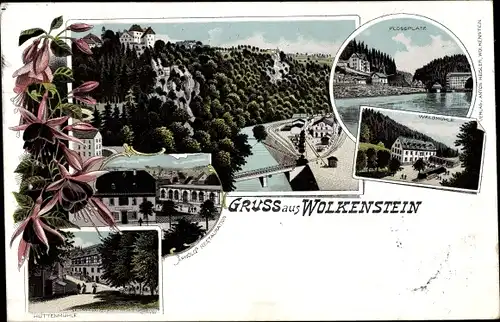 Litho Wolkenstein in Sachsen, Floßplatz, Waldmühle, Blick auf den Ort