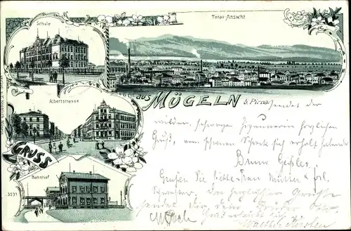 Litho Mügeln Heidenau in Sachsen, Schule, Albertstraße, Bahnhof, Gesamtansicht